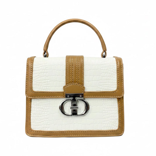 Elegant White Croc-Texture Top Handle Crossbody Bag with Beige Trim & Silver Lock