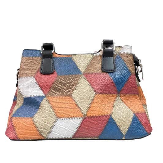 Premium Geometric Patchwork Handbag with Pom Pom Charm – Stylish Women’s Shoulder & Crossbody Bag