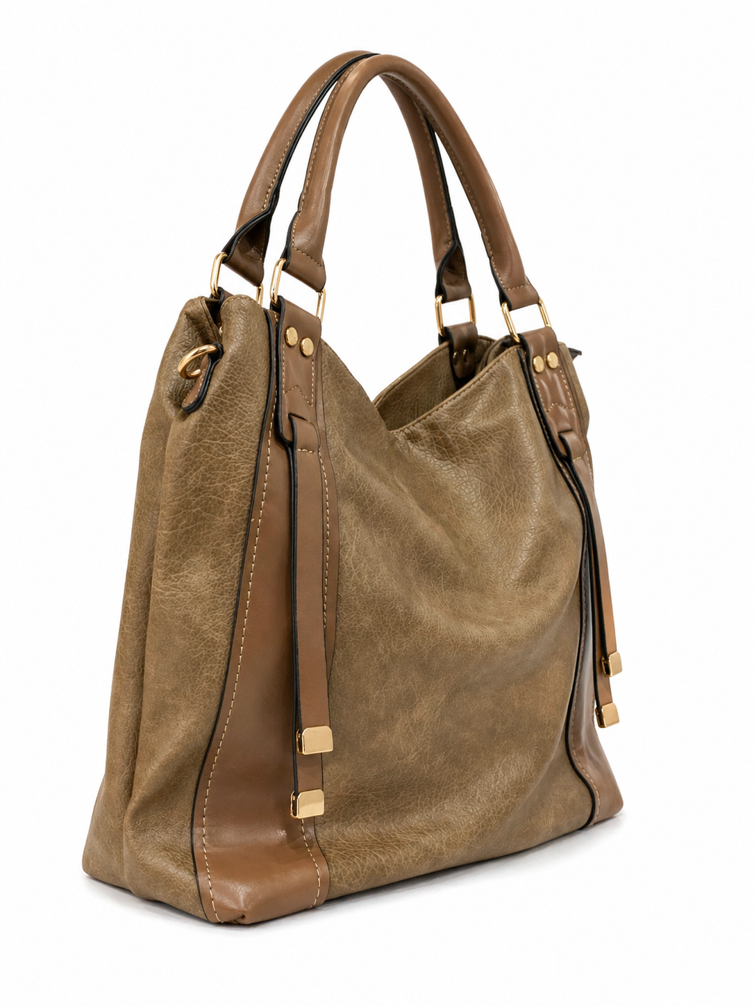 Chic Two-Tone Beige & Olive Leather Tote Bag with Detachable Strap