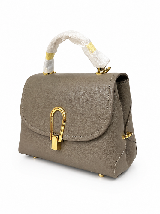 Elegant Grey Top-Handle Designer Handbag with Gold Accent Lock