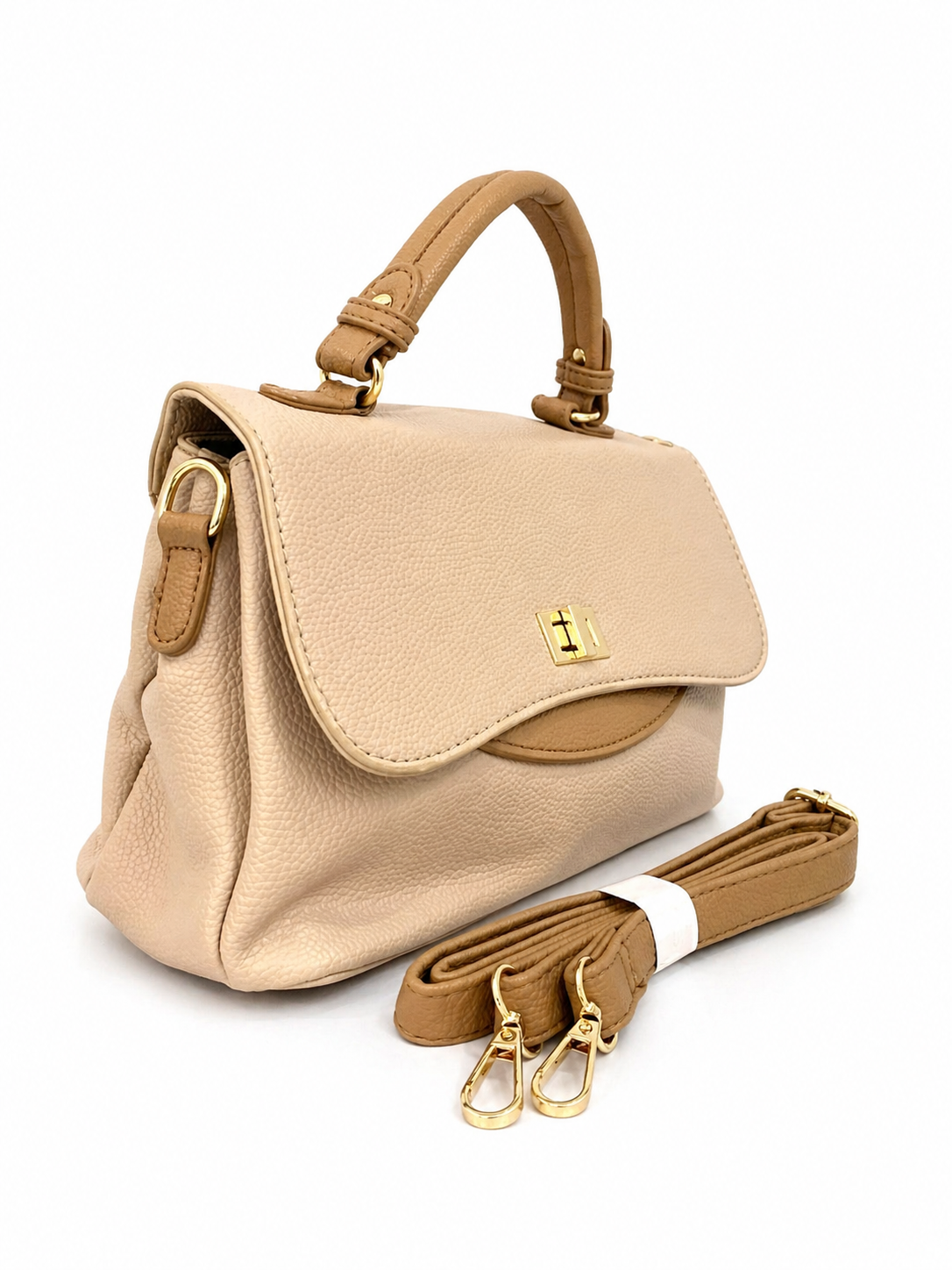 A Elegant Beige Top Handle Satchel Bag with Gold Lock & Detachable Strap