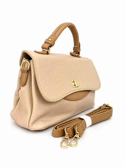 A Elegant Beige Top Handle Satchel Bag with Gold Lock & Detachable Strap
