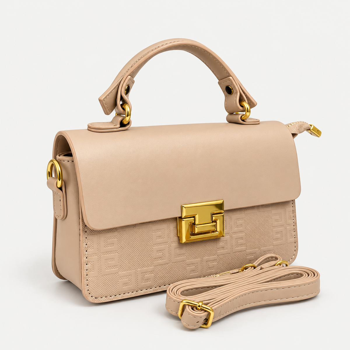 Elegant Beige Structured Handbag with Gold-Tone Hardware