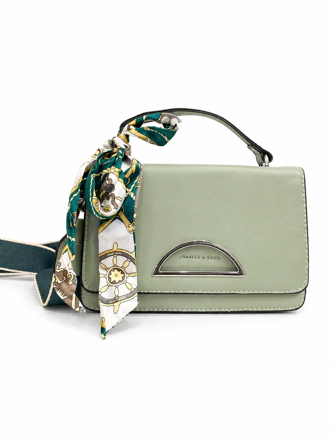 A Elegant Sage Green Mini Handbag with Silk Scarf & Dual Straps