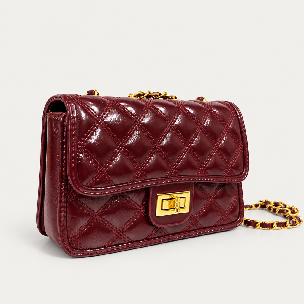 Burgundy Quilted Chain Shoulder Bag – Gold Hardware