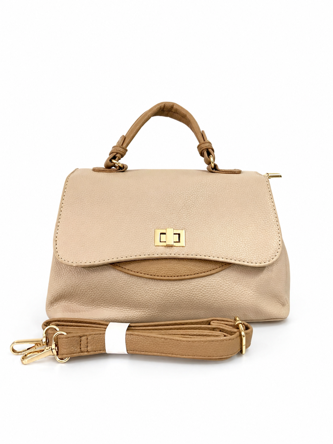 A Elegant Beige Top Handle Satchel Bag with Gold Lock & Detachable Strap