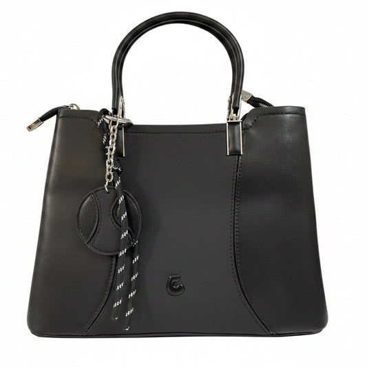A Elegant Noir Structured Tote Bag – Premium Textured Leather with Chain Charm