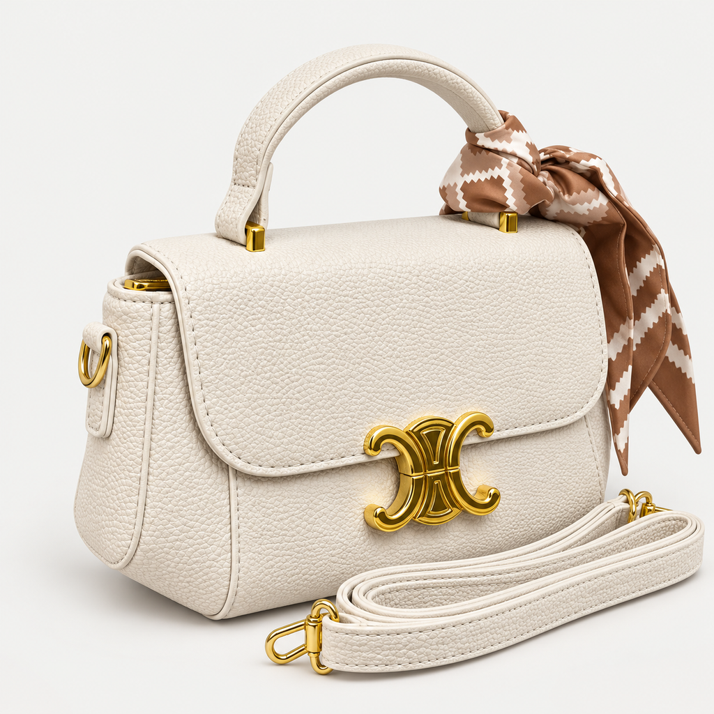 Elegant Ivory Handbag Gold Buckle & Printed Scarf