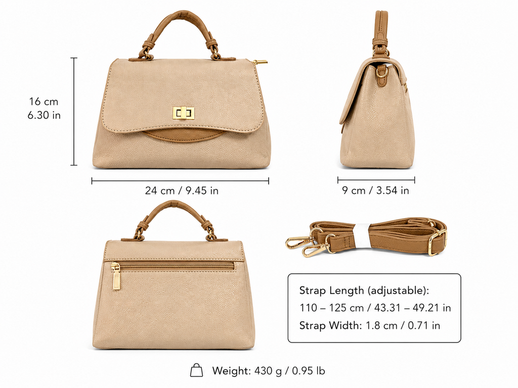 A Elegant Beige Top Handle Satchel Bag with Gold Lock & Detachable Strap