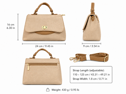 A Elegant Beige Top Handle Satchel Bag with Gold Lock & Detachable Strap