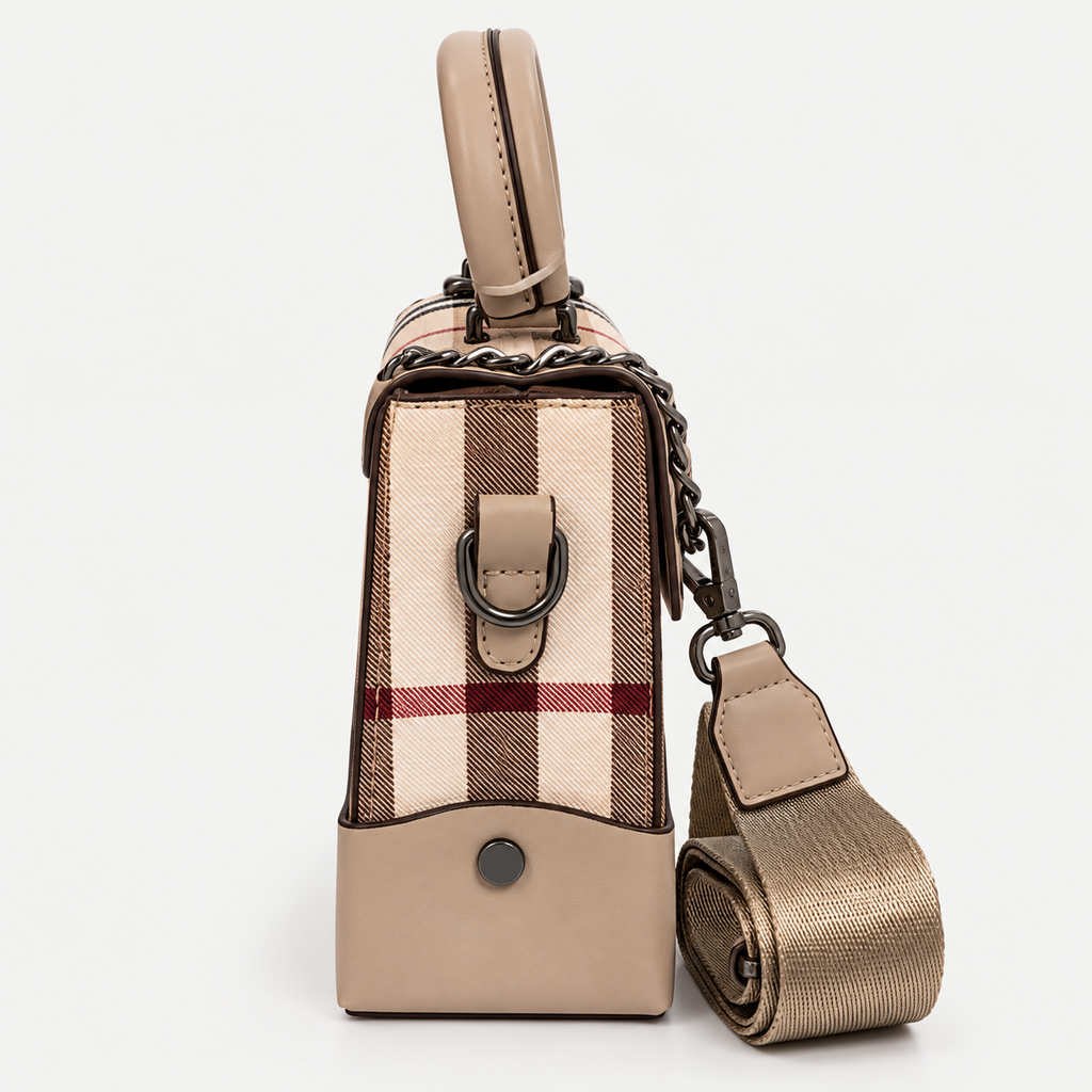Premium Beige Plaid Top-Handle Handbag