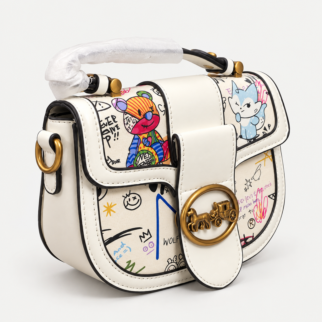 Ivory Graffiti Print Bag  Gold-Tone Hardware