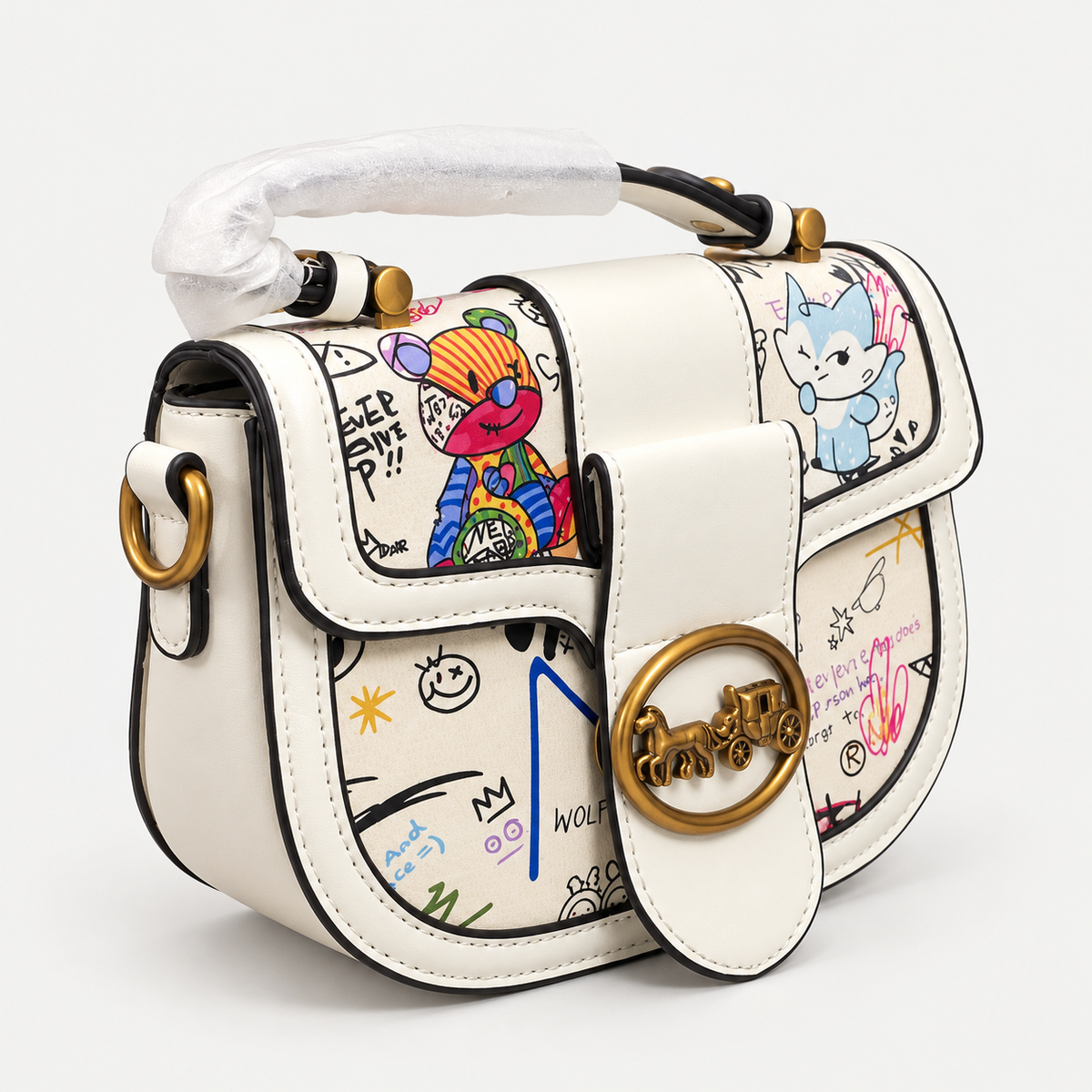 Ivory Graffiti Print Bag  Gold-Tone Hardware