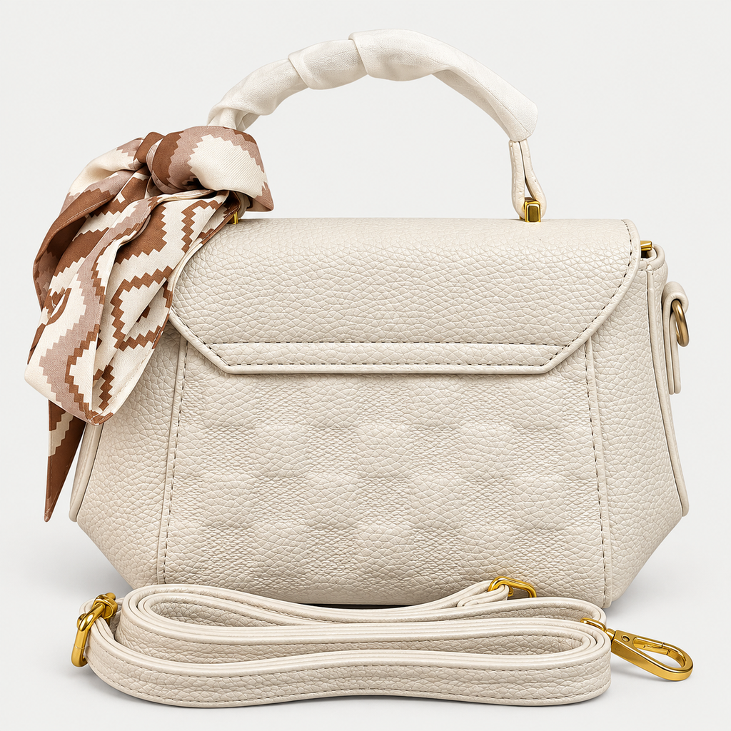 Elegant Ivory Handbag Gold Buckle & Printed Scarf