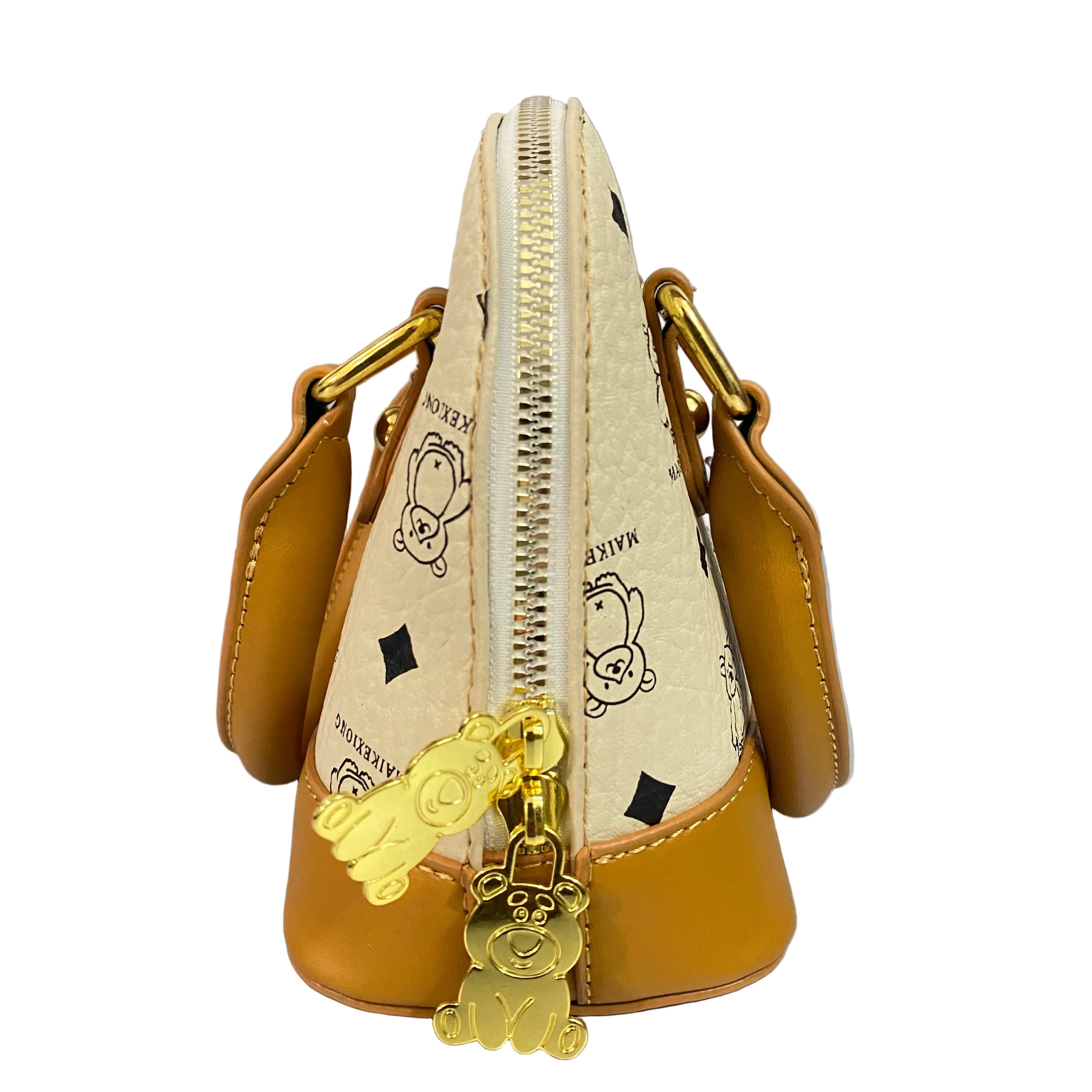 Elegant Cream Teddy Print Tan Handle Handbag