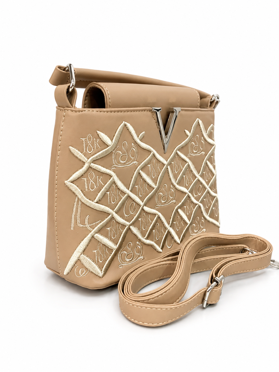 Elegant Beige Embroidered Bucket & Crossbody Handbag