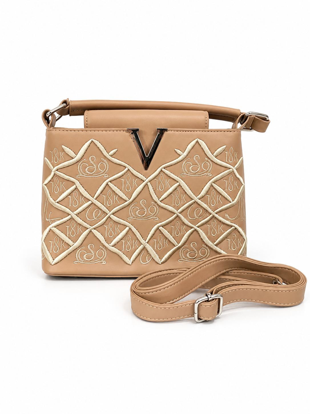 Elegant Beige Embroidered Bucket & Crossbody Handbag