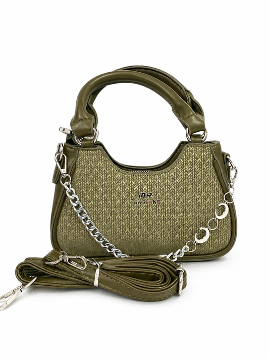 A Elegant Olive Green Textured Mini Handbag with Chain Detail