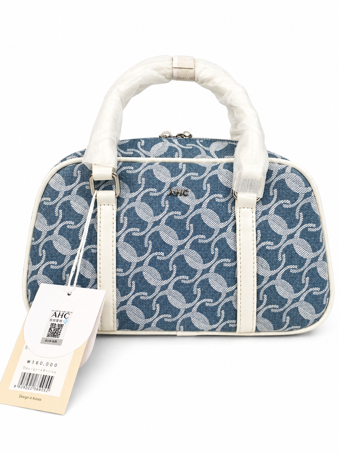 A  Elegant Blue Jacquard Mini Boston Bag with Ivory Leather Trim