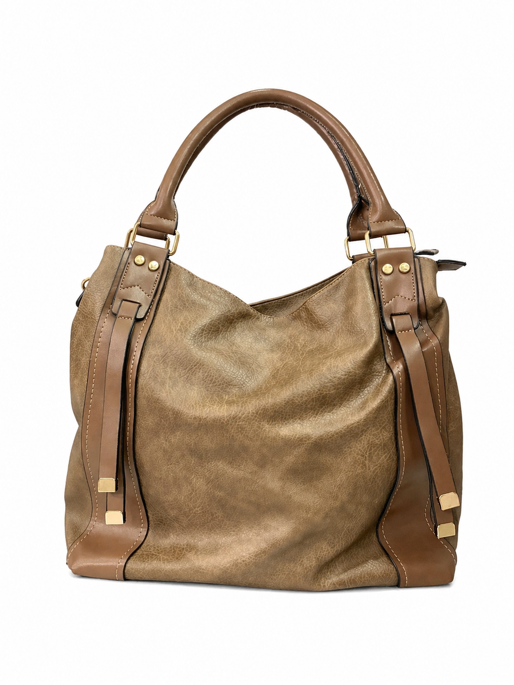 Chic Two-Tone Beige & Olive Leather Tote Bag with Detachable Strap