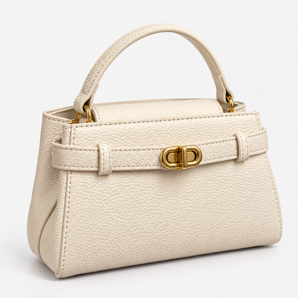 Elegant Cream Luxe Handbag With Golden Lock
