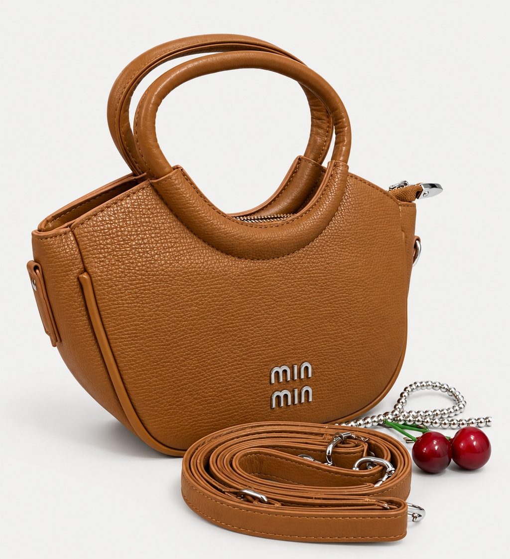 Caramel Brown  Leather Handbag with Cherry Charm