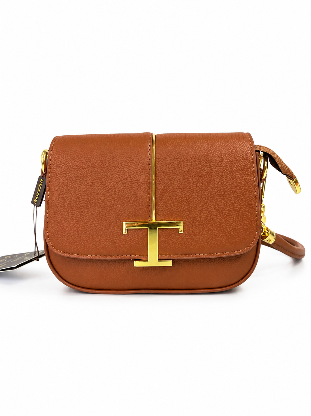 A Mini Saddle Crossbody Bag – Premium Textured Leather with Gold Hardware (Brown)