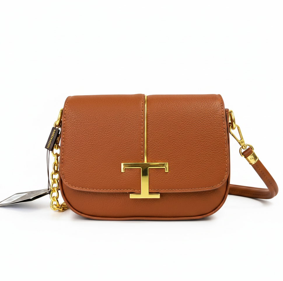 A Mini Saddle Crossbody Bag – Premium Textured Leather with Gold Hardware (Brown)