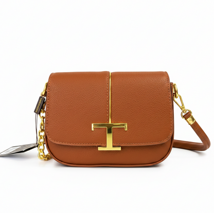 A Mini Saddle Crossbody Bag – Premium Textured Leather with Gold Hardware (Brown)