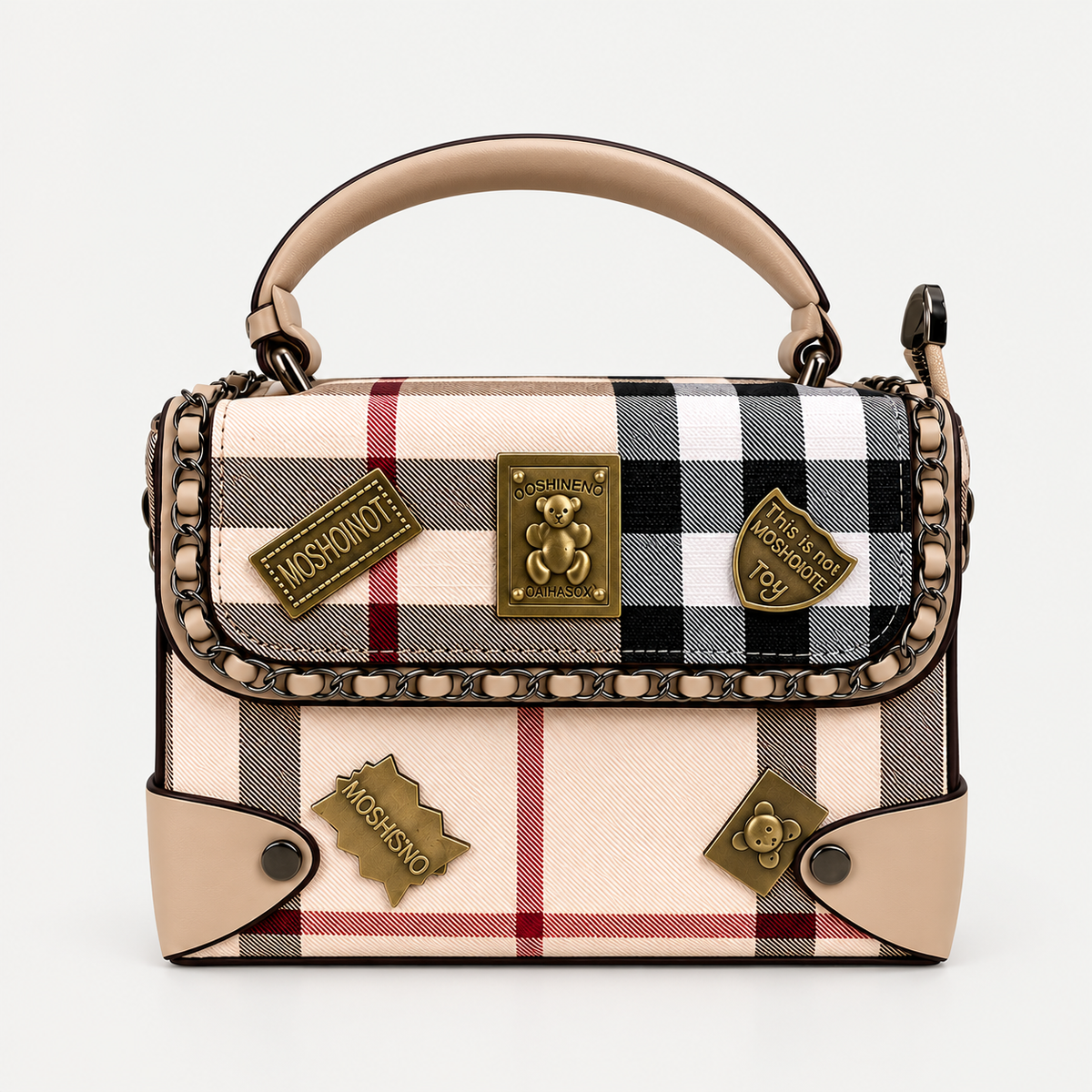 Premium Beige Plaid Top-Handle Handbag