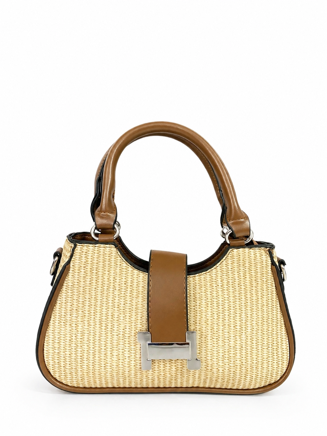 A Chic Woven Straw Handbag with Leather Trim & Statement Buckle