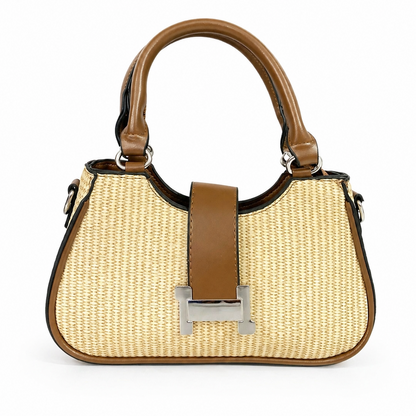 A Chic Woven Straw Handbag with Leather Trim & Statement Buckle