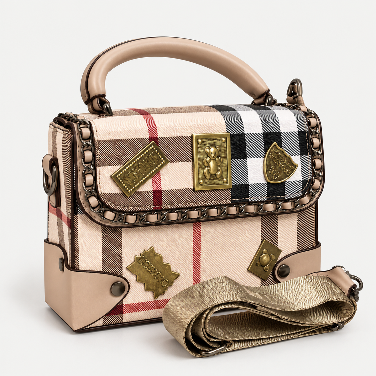 Premium Beige Plaid Top-Handle Handbag