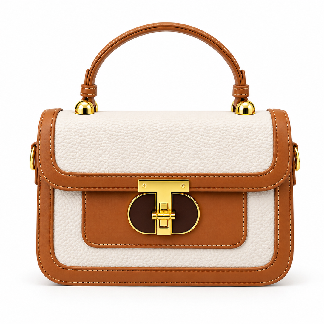 Elegant TanStructured Handbag with Gold Clasp