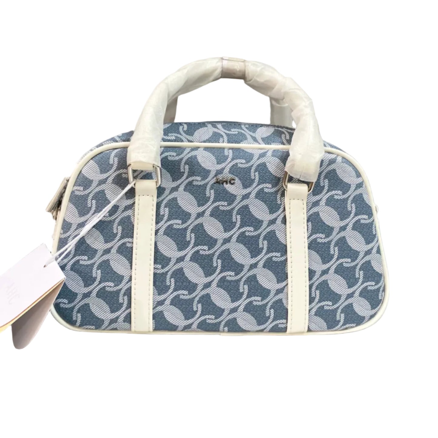 A  Elegant Blue Jacquard Mini Boston Bag with Ivory Leather Trim