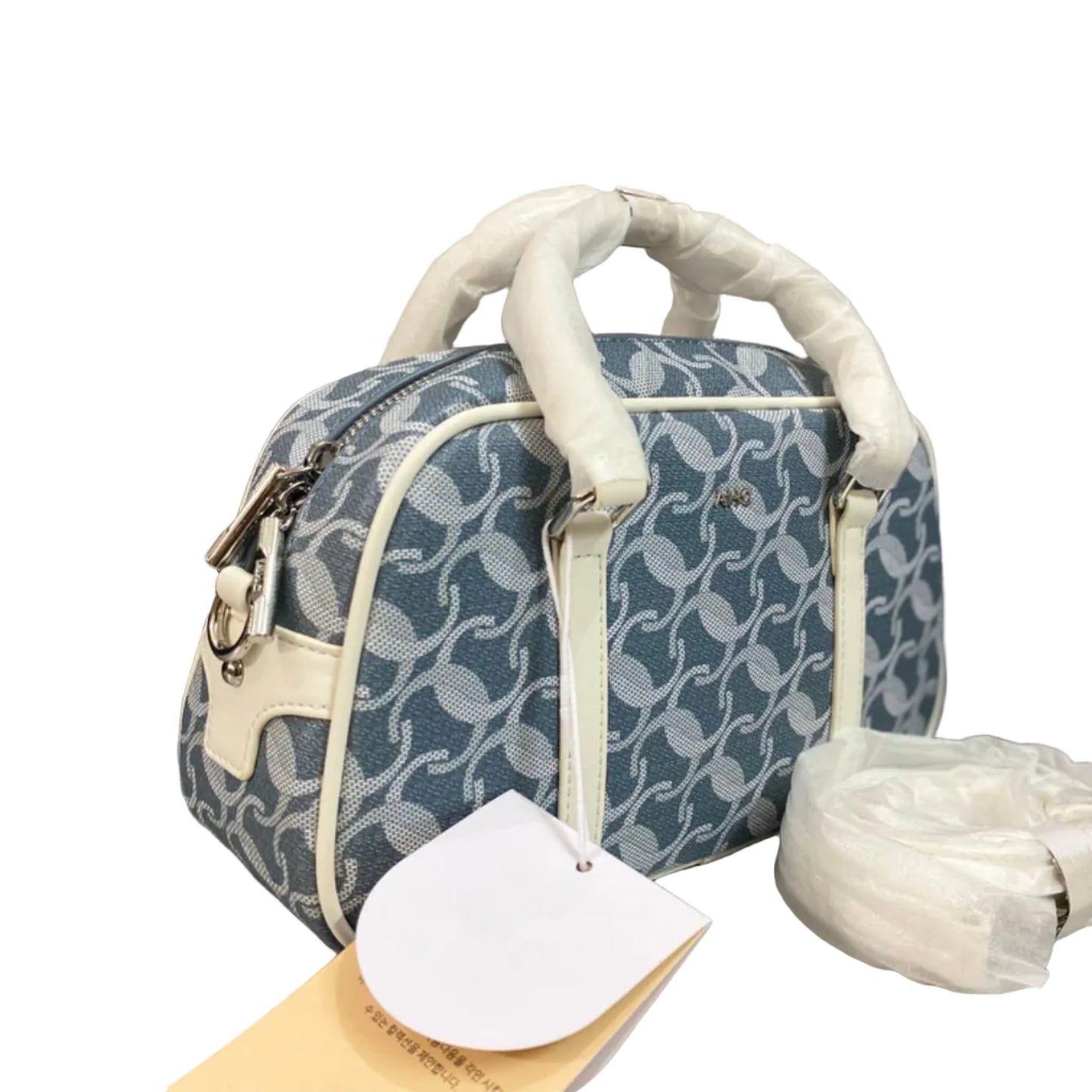 A  Elegant Blue Jacquard Mini Boston Bag with Ivory Leather Trim