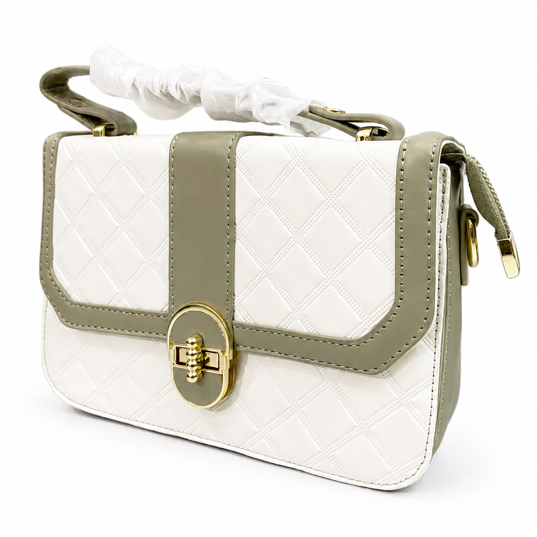 Elegant White Quilted Shoulder Bag  Gold with Clasp