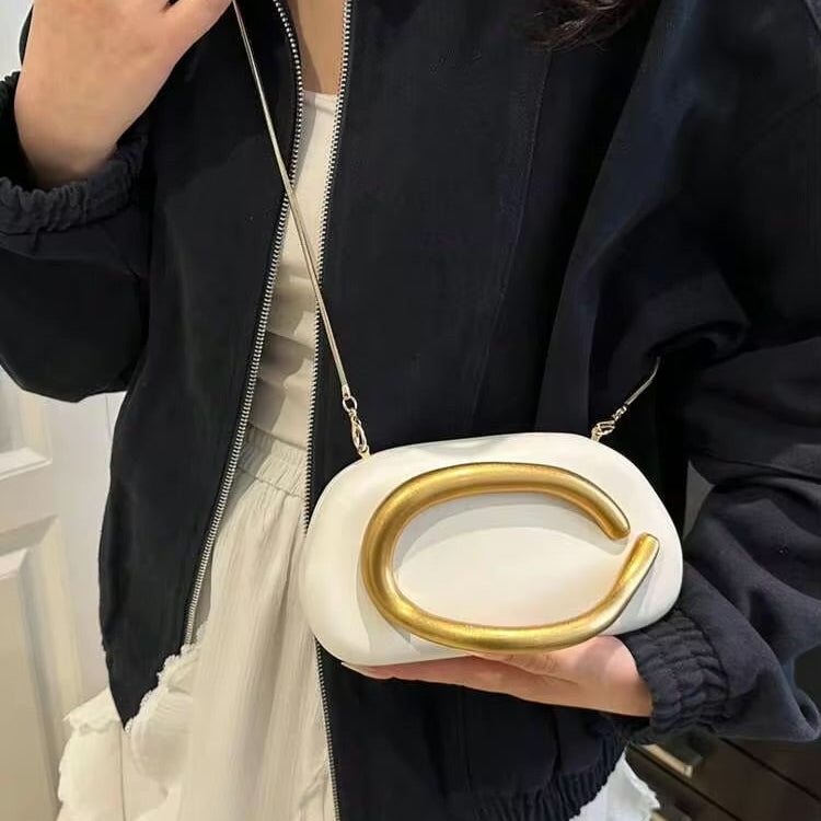 Luxury White Oval Clutch Bag with Gold Handle – Premium Women’s Evening & Party Handbag