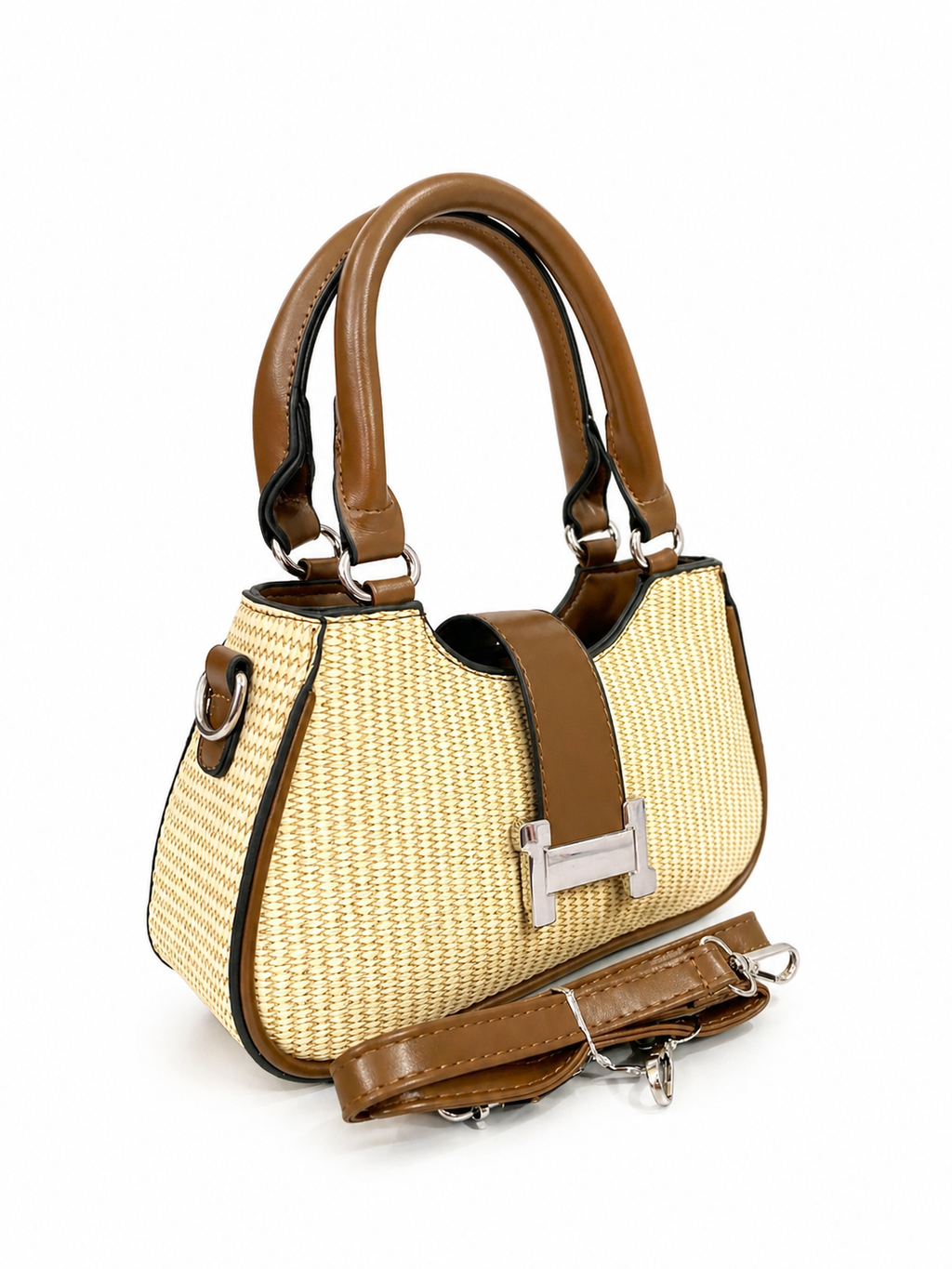 A Chic Woven Straw Handbag with Leather Trim & Statement Buckle