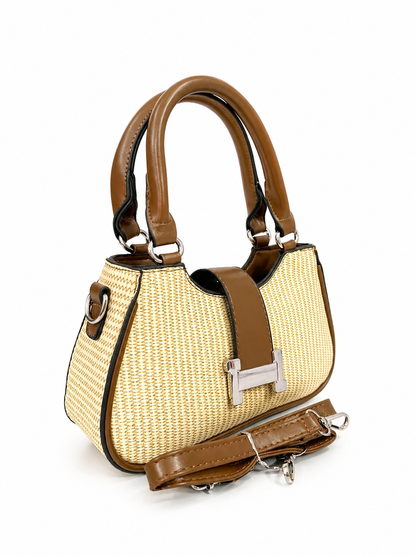 A Chic Woven Straw Handbag with Leather Trim & Statement Buckle