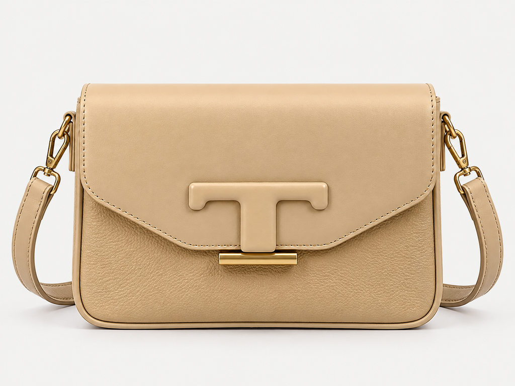 Elegant Beige Crossbody Bag with Gold-Tone Details