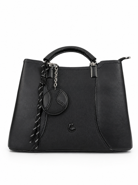 A Elegant Noir Structured Tote Bag – Premium Textured Leather with Chain Charm
