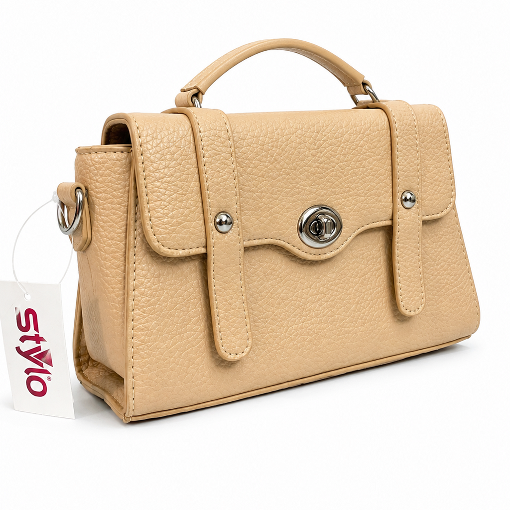 Elegant Beige Textured Top-Handle Handbag