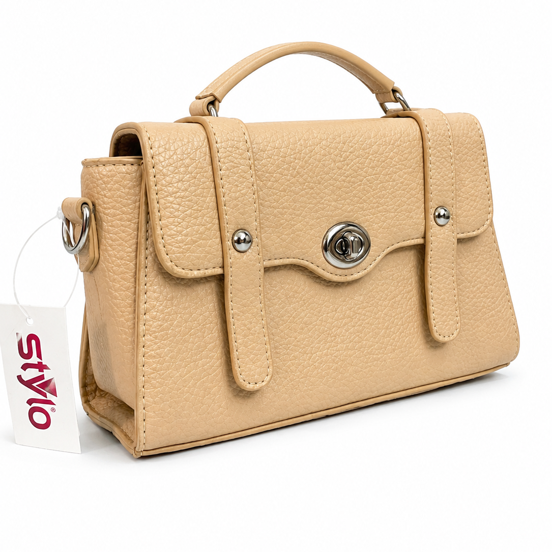 Elegant Beige Textured Top-Handle Handbag