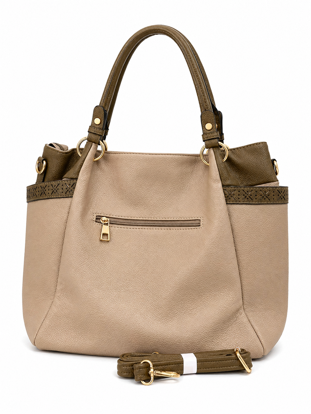 Chic Two-Tone Beige & Olive Leather Tote Bag with Detachable Strap