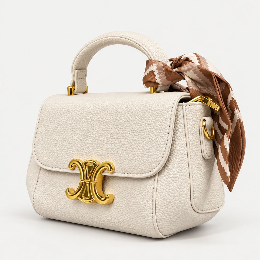 Elegant Ivory Handbag Gold Buckle & Printed Scarf