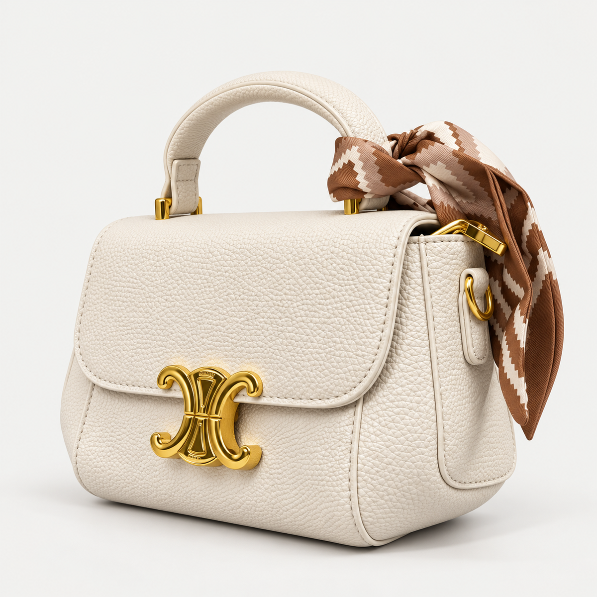 Elegant Ivory Handbag Gold Buckle & Printed Scarf