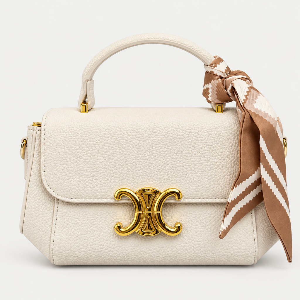 Elegant Ivory Handbag Gold Buckle & Printed Scarf