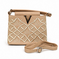 Elegant Beige Embroidered Bucket & Crossbody Handbag