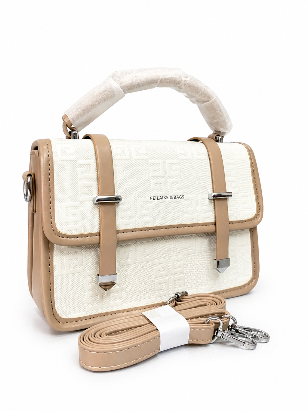 A -Elegant Women Handbag 2-Piece Set – Premium Textured Crossbody Bag with Detachable Strap (Beige & Nude)